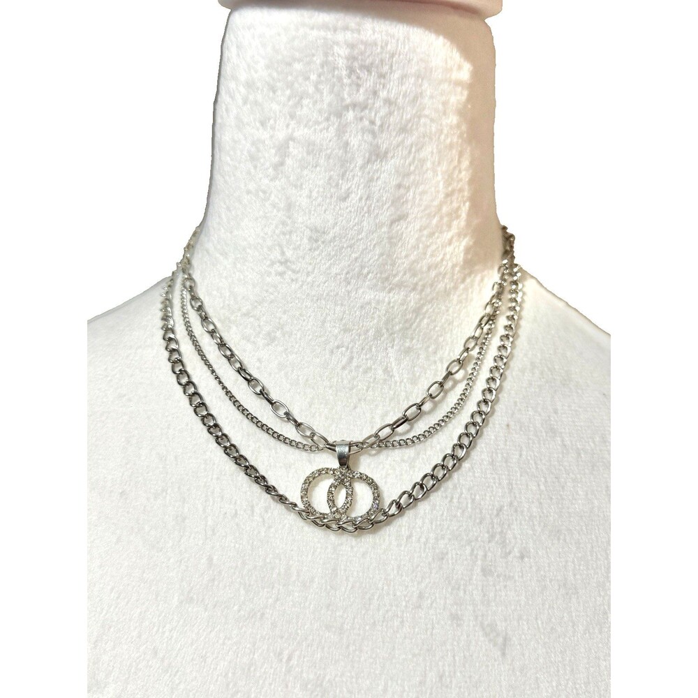 Triple Layer Silver Chain Necklace with Interlocking Ring Pendant